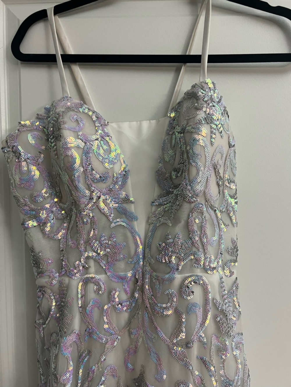 Angela & Alison Silver Sequin Bodice White Tulle Mermaid Gown - Picture 2 of 9